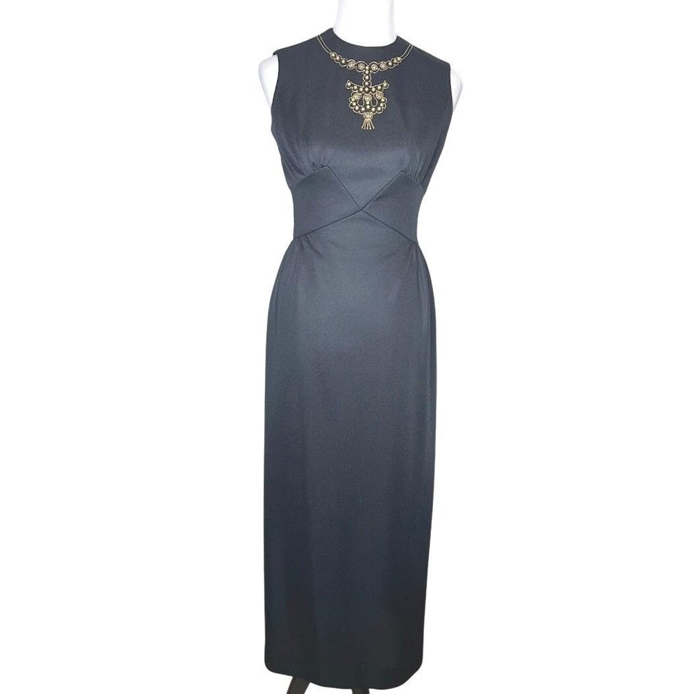 Vintage Black Sleeveless Maxi‎ Dress Gold Metallic Embroidered Gown MCM XS
